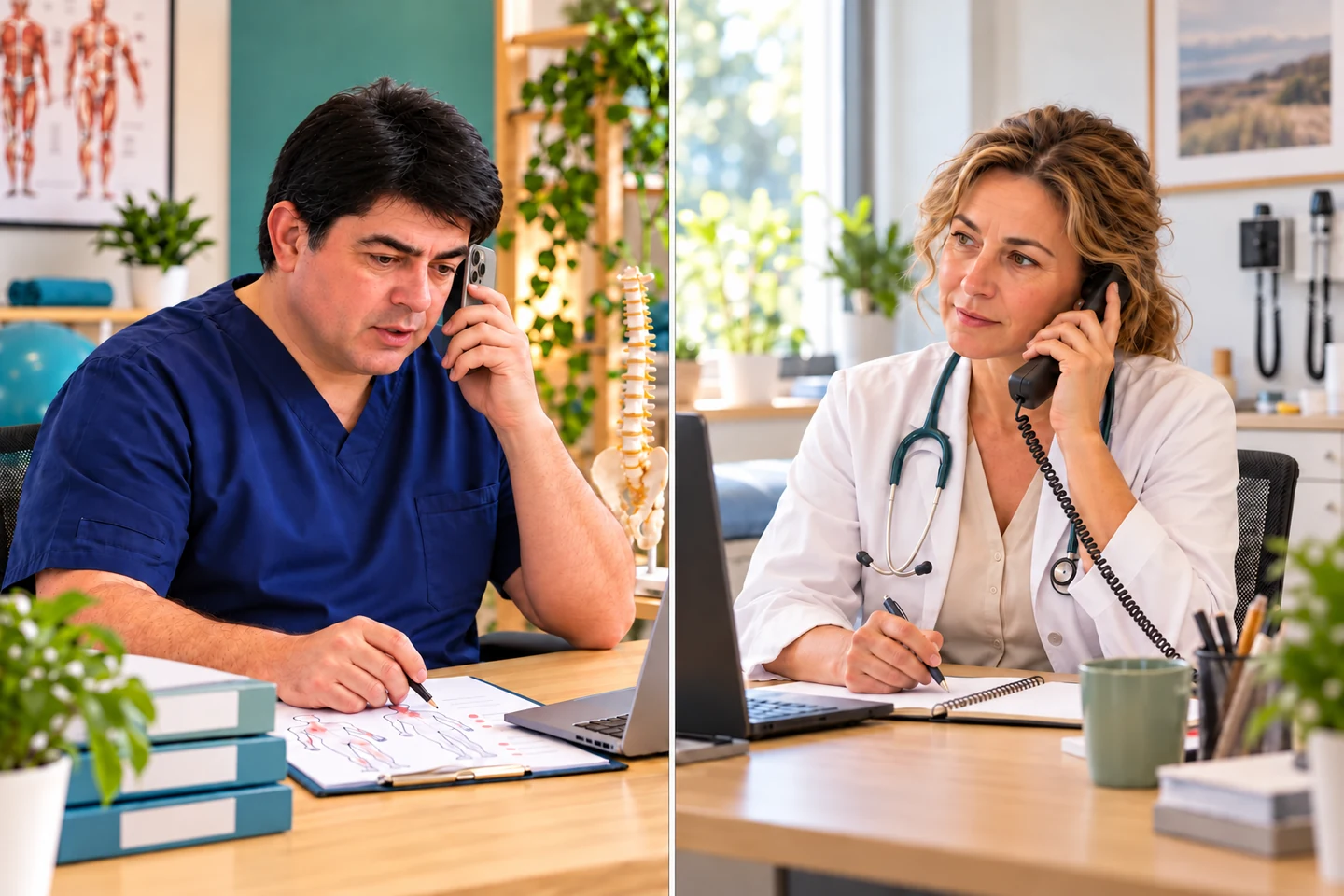 Split AI illustration of Boris Feldman and a female GP discussing patient care by telephone