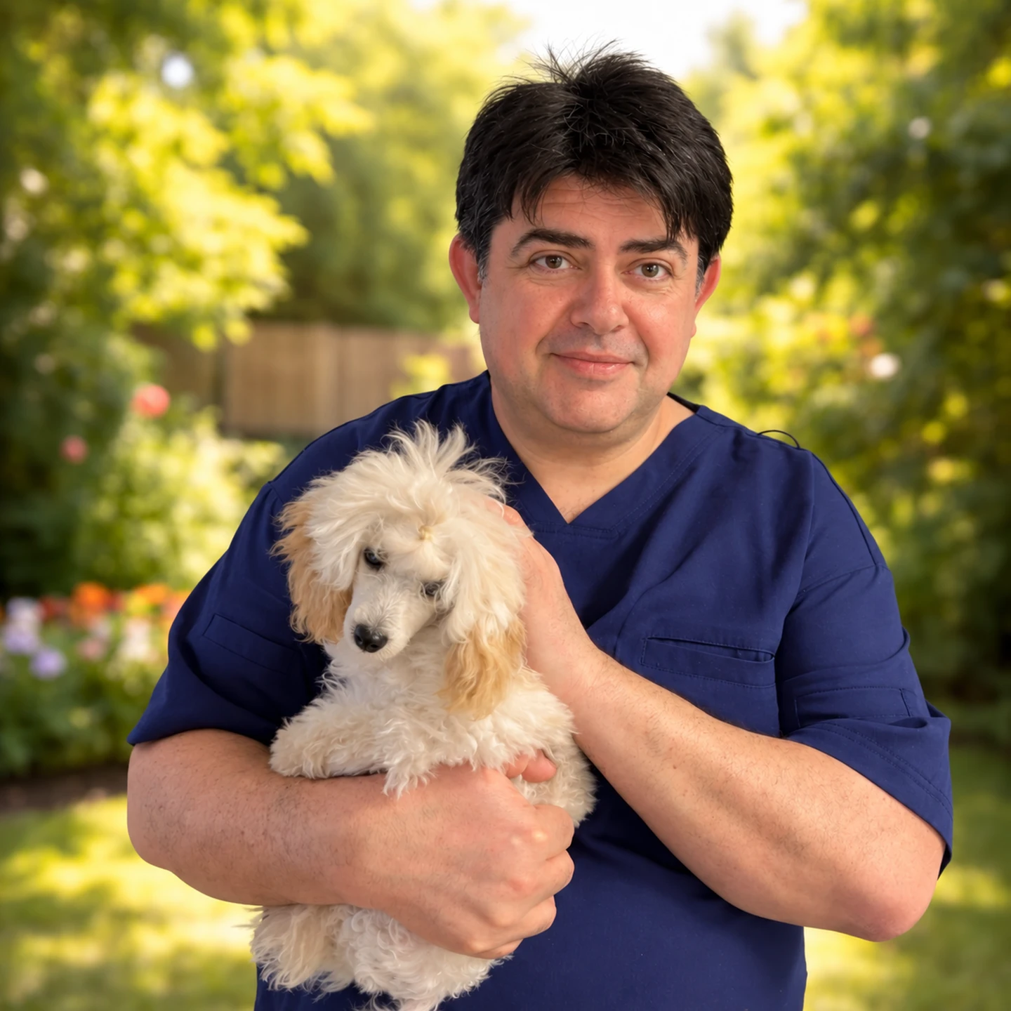 Boris Feldman draußen mit einem Hund